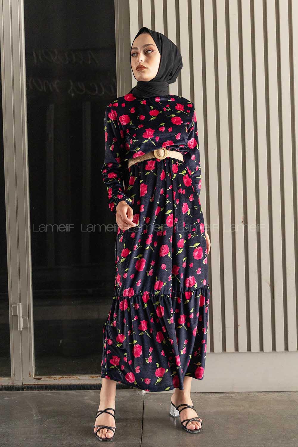 Modalamelif Kemerli Gül Desen Kadife Elbise Lacivert