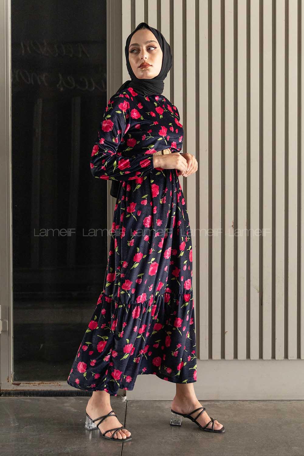 Modalamelif Kemerli Gül Desen Kadife Elbise Lacivert