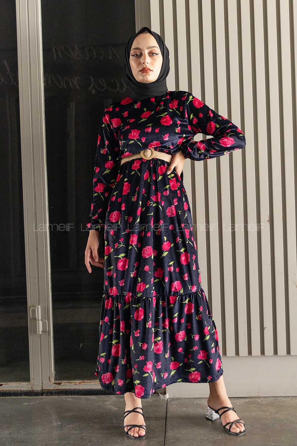 Modalamelif Kemerli Gül Desen Kadife Elbise Lacivert