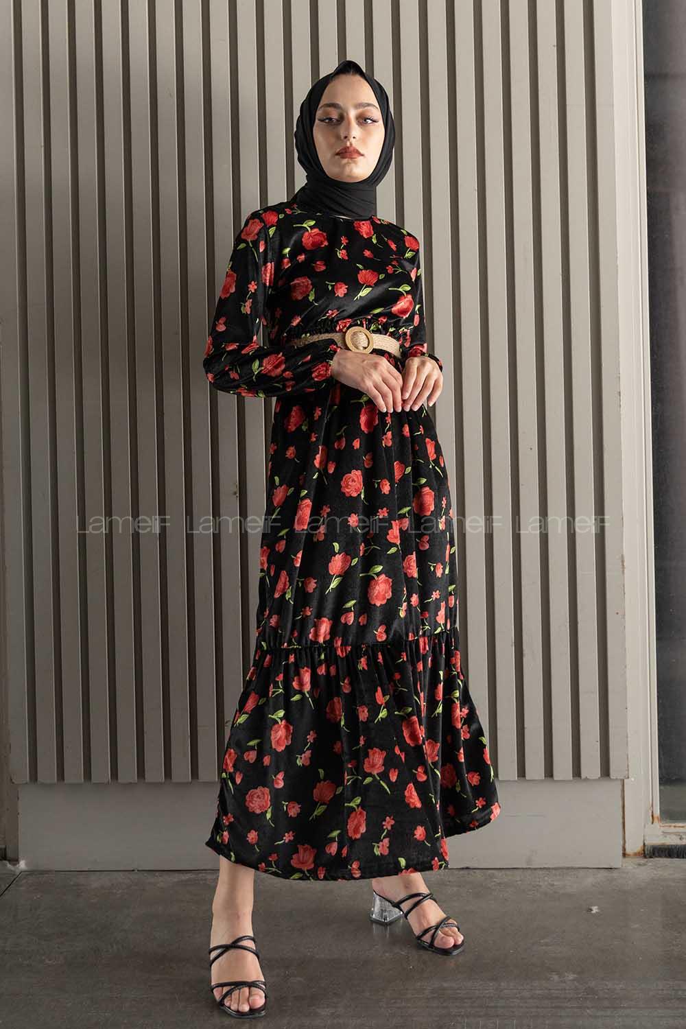 Modalamelif  Kemerli Gül Desen Kadife Elbise Siyah