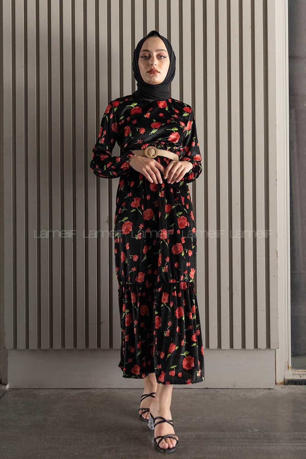 Modalamelif  Kemerli Gül Desen Kadife Elbise Siyah