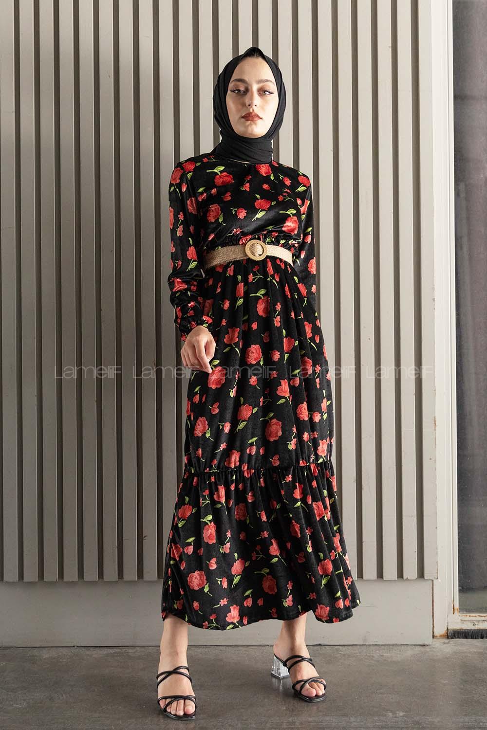 Modalamelif  Kemerli Gül Desen Kadife Elbise Siyah