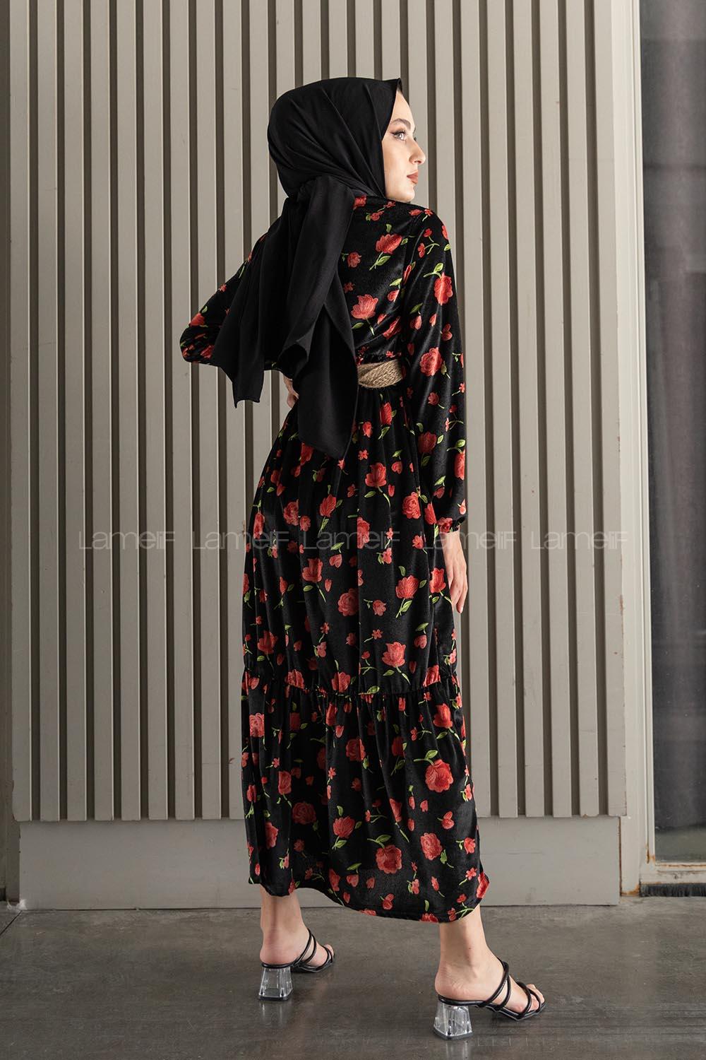 Modalamelif  Kemerli Gül Desen Kadife Elbise Siyah