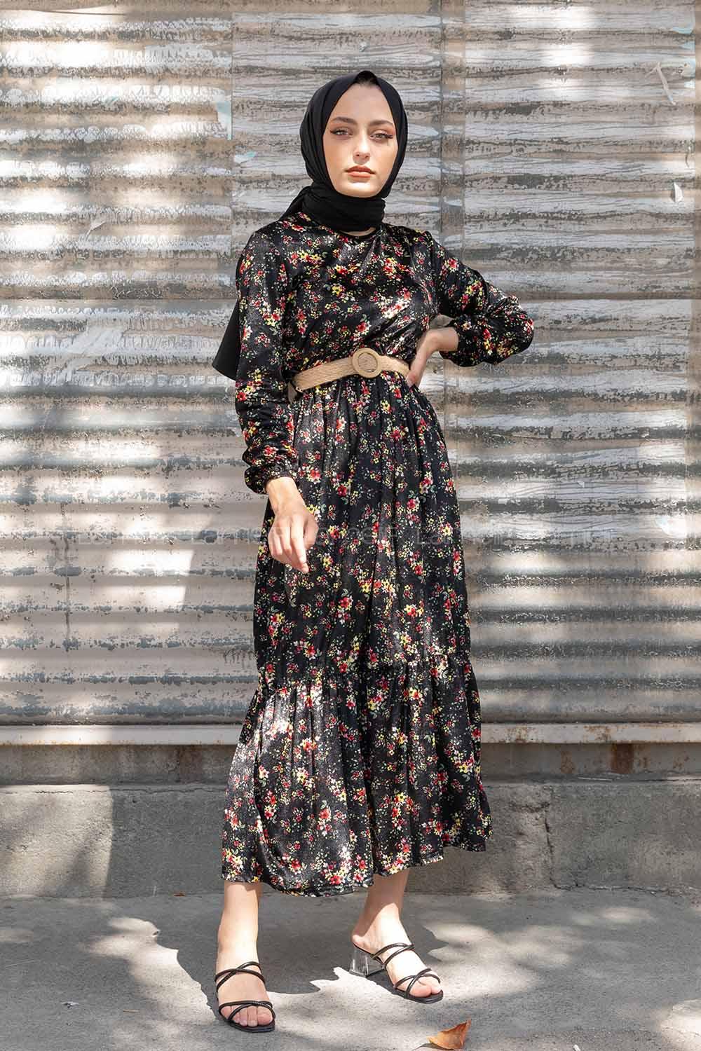 Modalamelif Hasır Kemerli Minimal Çiçek Kadife Elbise Siyah