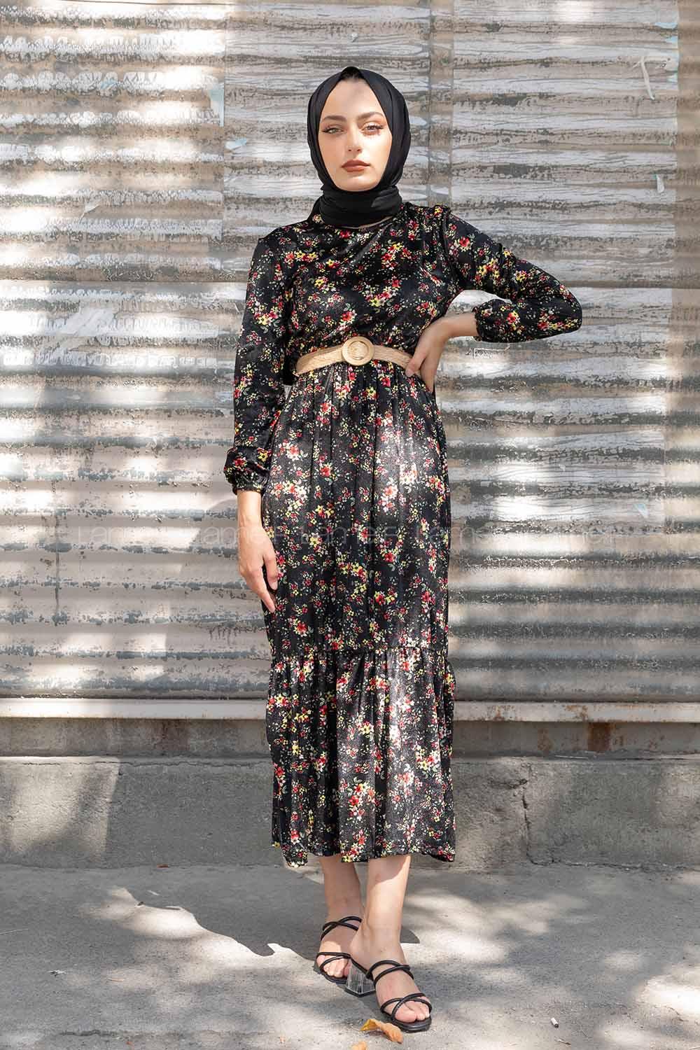 Modalamelif Hasır Kemerli Minimal Çiçek Kadife Elbise Siyah