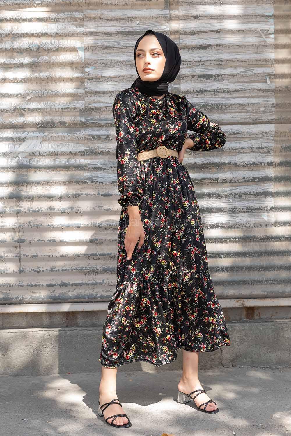 Modalamelif Hasır Kemerli Minimal Çiçek Kadife Elbise Siyah