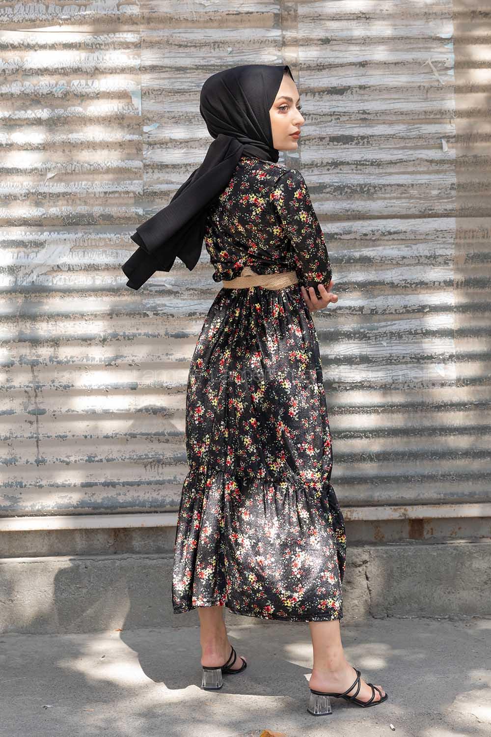 Modalamelif Hasır Kemerli Minimal Çiçek Kadife Elbise Siyah