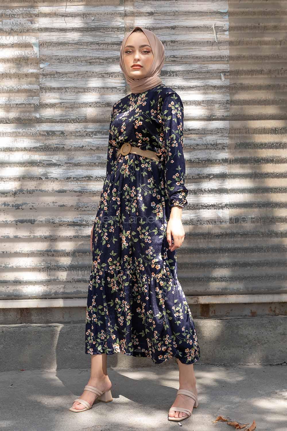 Modalamelif Hasır Kemerli Papatya Desen Kadife Elbise Lacivert