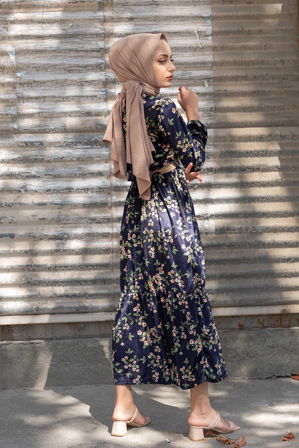 Modalamelif Hasır Kemerli Papatya Desen Kadife Elbise Lacivert