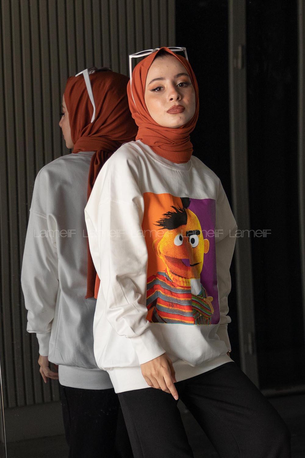 Modalamelif Karikatür Baskılı Sweatshirt Beyaz