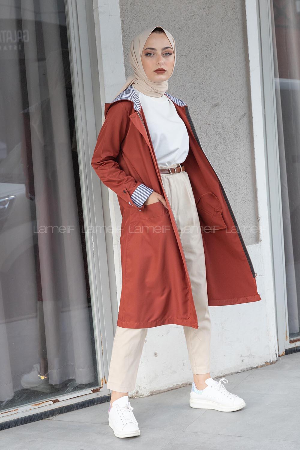 Modalamelif Kol Katlamalı Kapşonlu Kap Koyu Kiremit