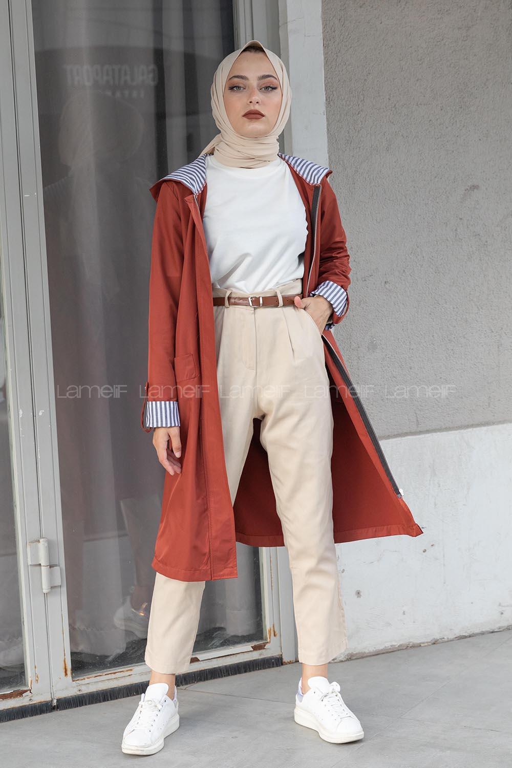 Modalamelif Kol Katlamalı Kapşonlu Kap Koyu Kiremit