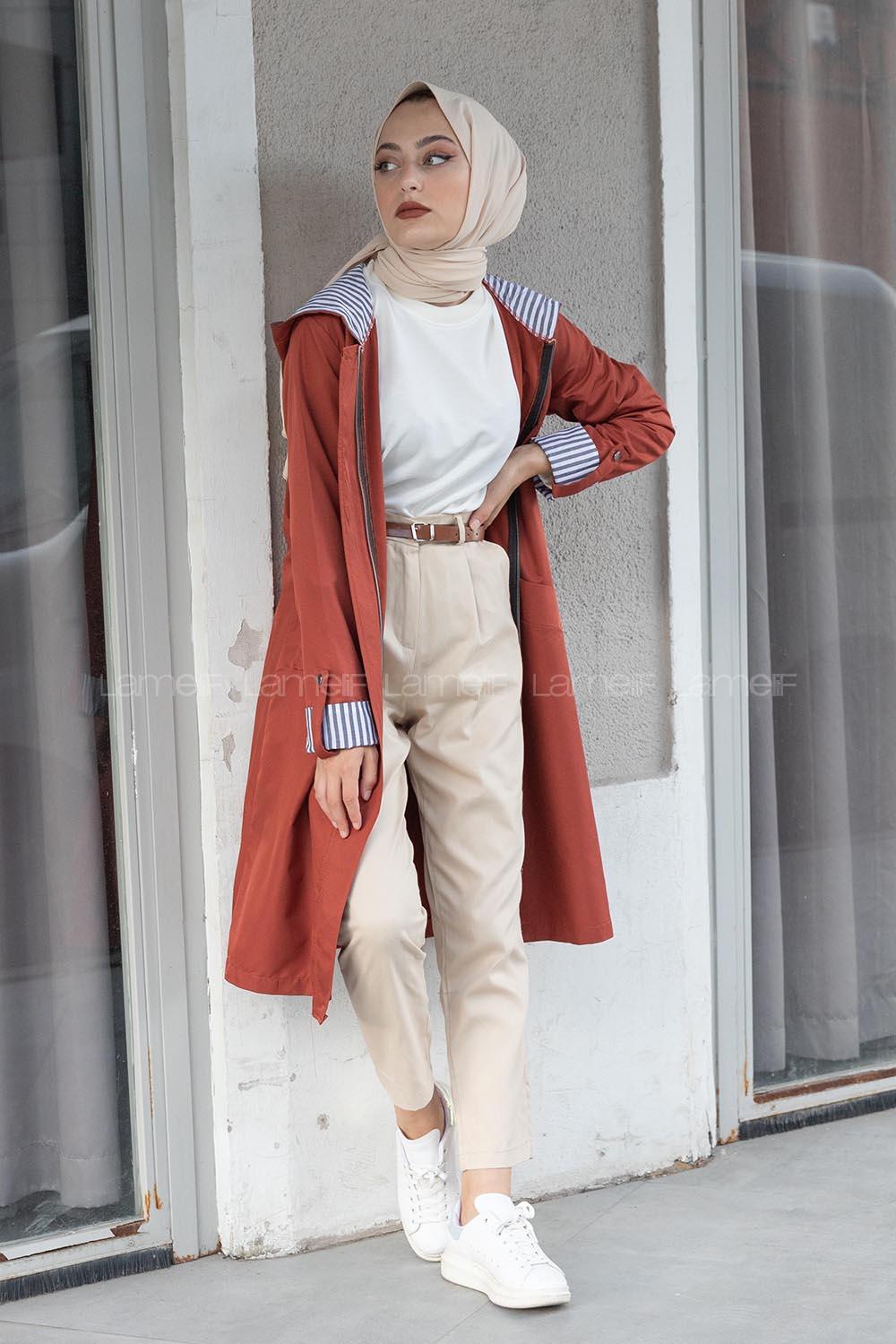 Modalamelif Kol Katlamalı Kapşonlu Kap Koyu Kiremit