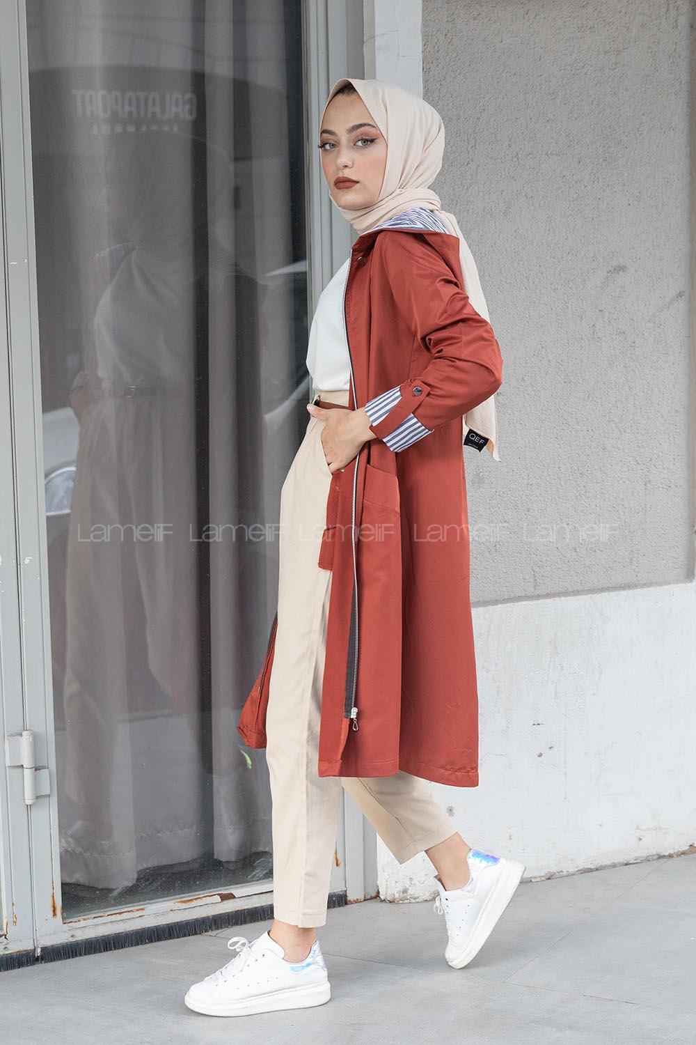 Modalamelif Kol Katlamalı Kapşonlu Kap Koyu Kiremit