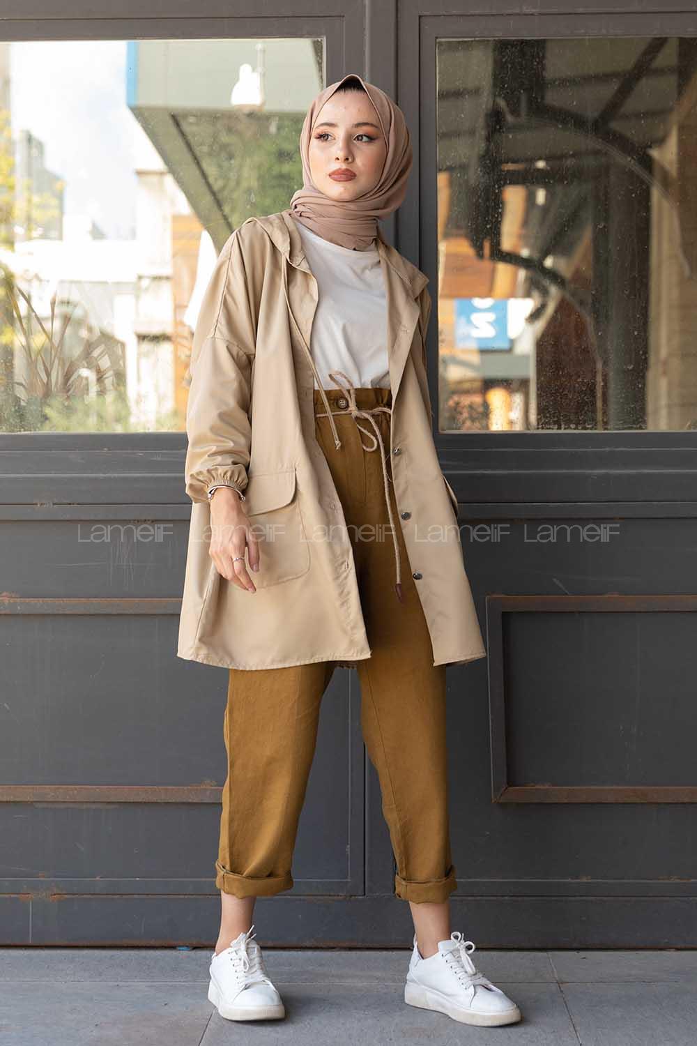 Modalamelif Kol Lastikli Kapşonlu Kap Bej