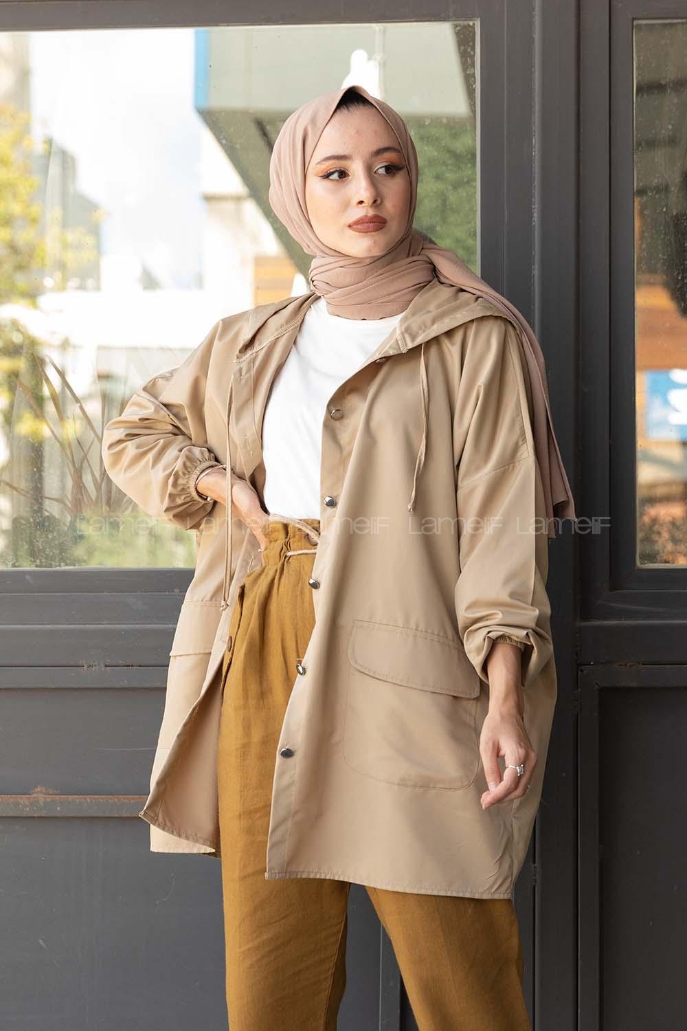 Modalamelif Kol Lastikli Kapşonlu Kap Bej