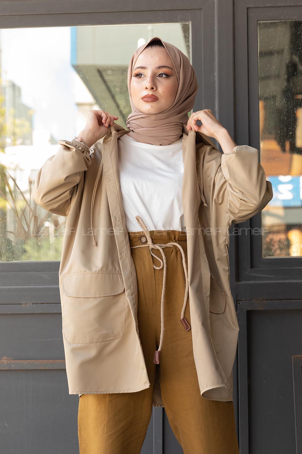 Modalamelif Kol Lastikli Kapşonlu Kap Bej