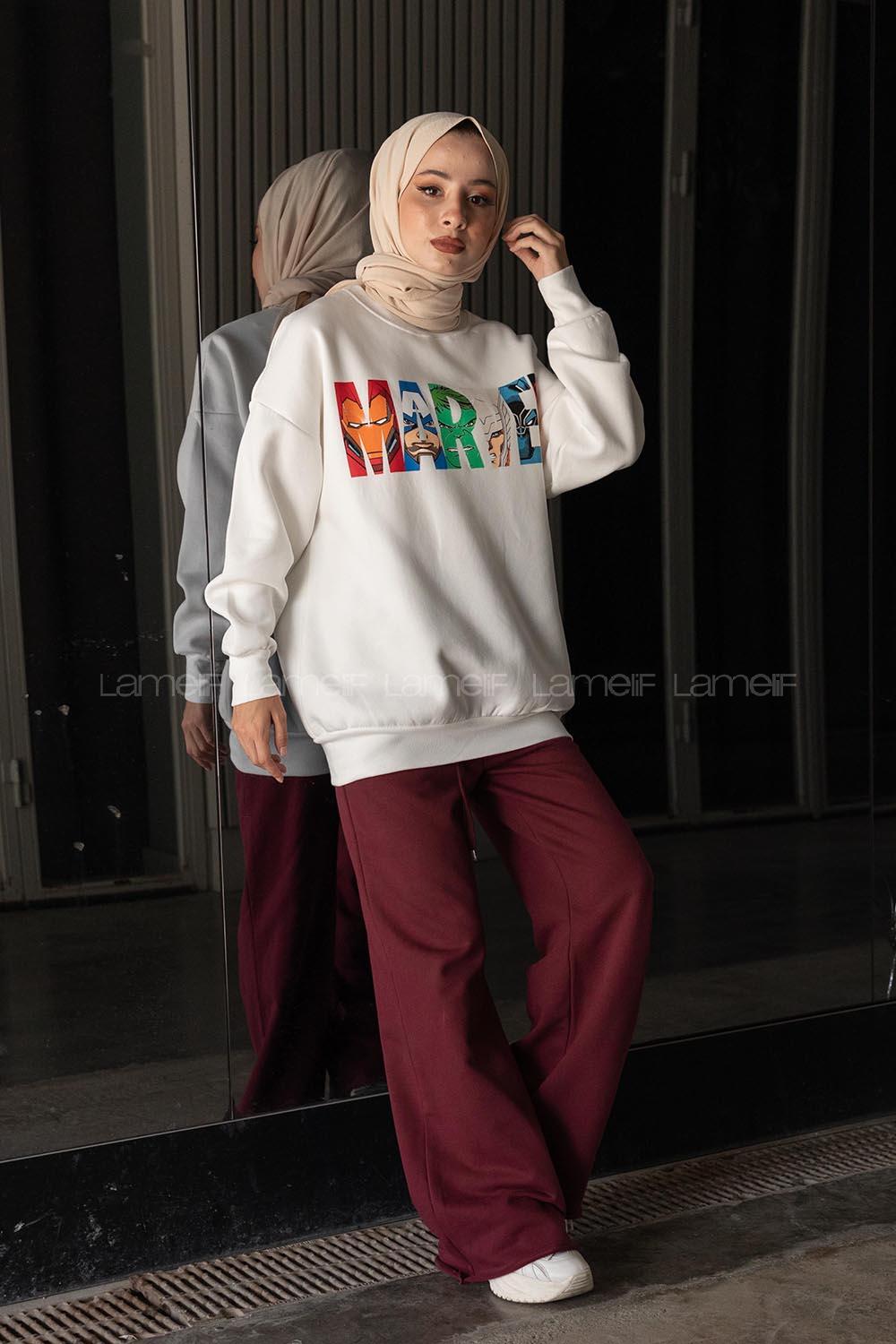 Modalamelif Ön Karikatür Baskılı Sweatshirt Beyaz