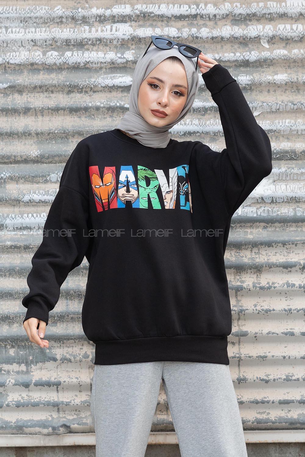 Modalamelif Ön Karikatür Baskılı Sweatshirt Siyah