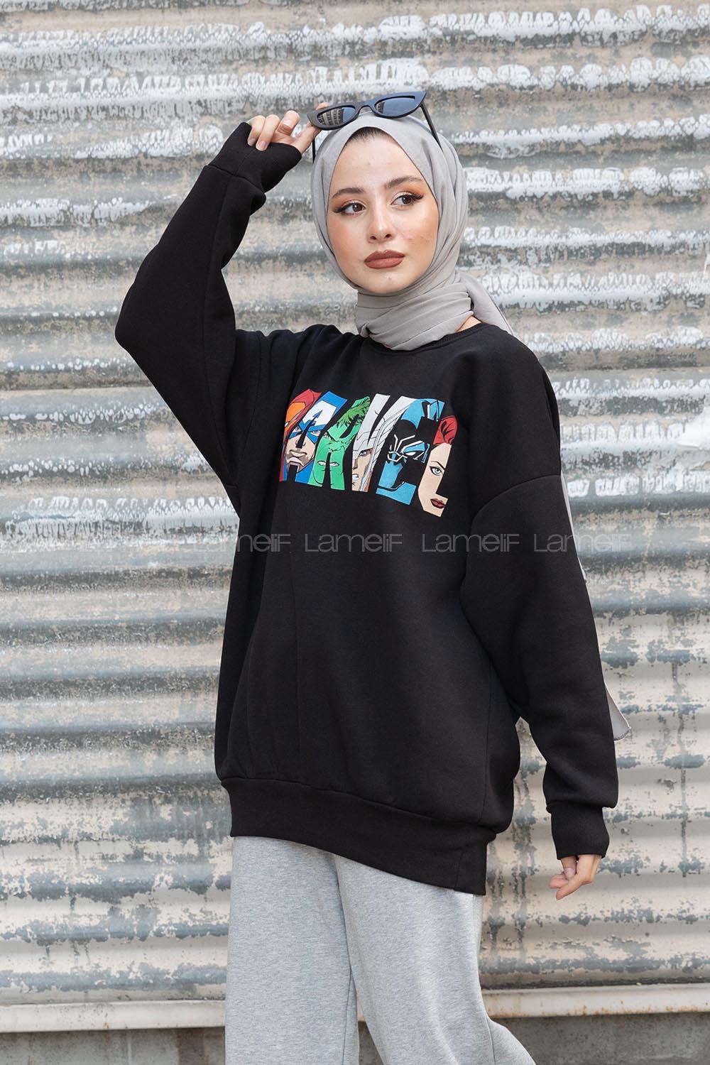 Modalamelif Ön Karikatür Baskılı Sweatshirt Siyah