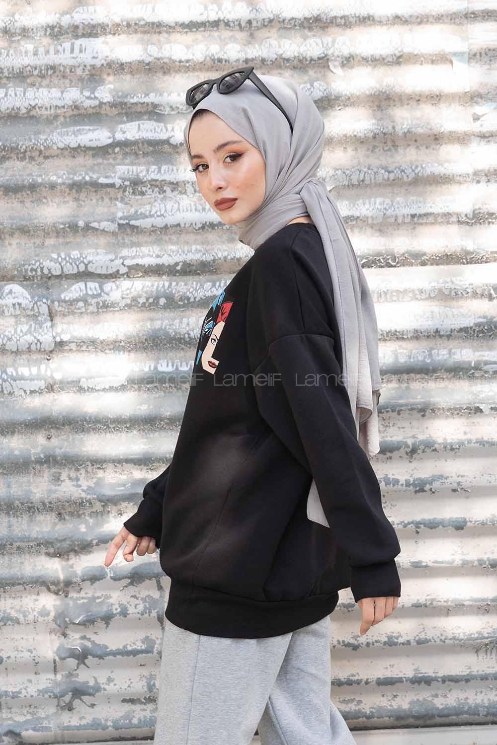 Modalamelif Ön Karikatür Baskılı Sweatshirt Siyah