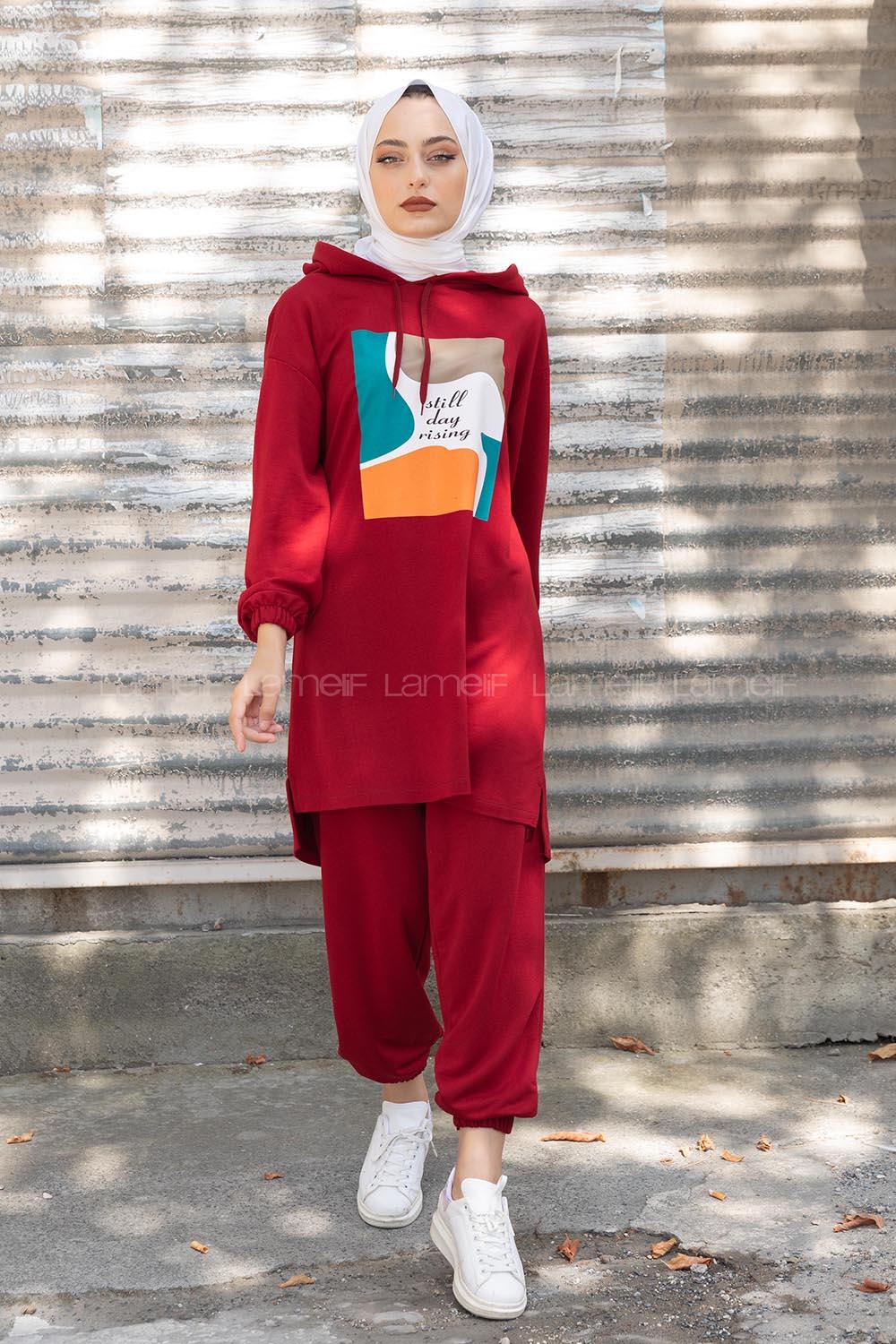 Modalamelif Önü Baskılı İkili Takım Bordo