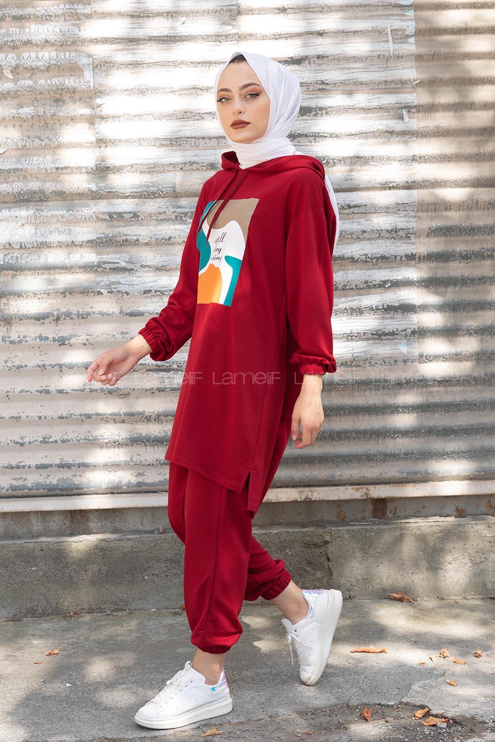 Modalamelif Önü Baskılı İkili Takım Bordo