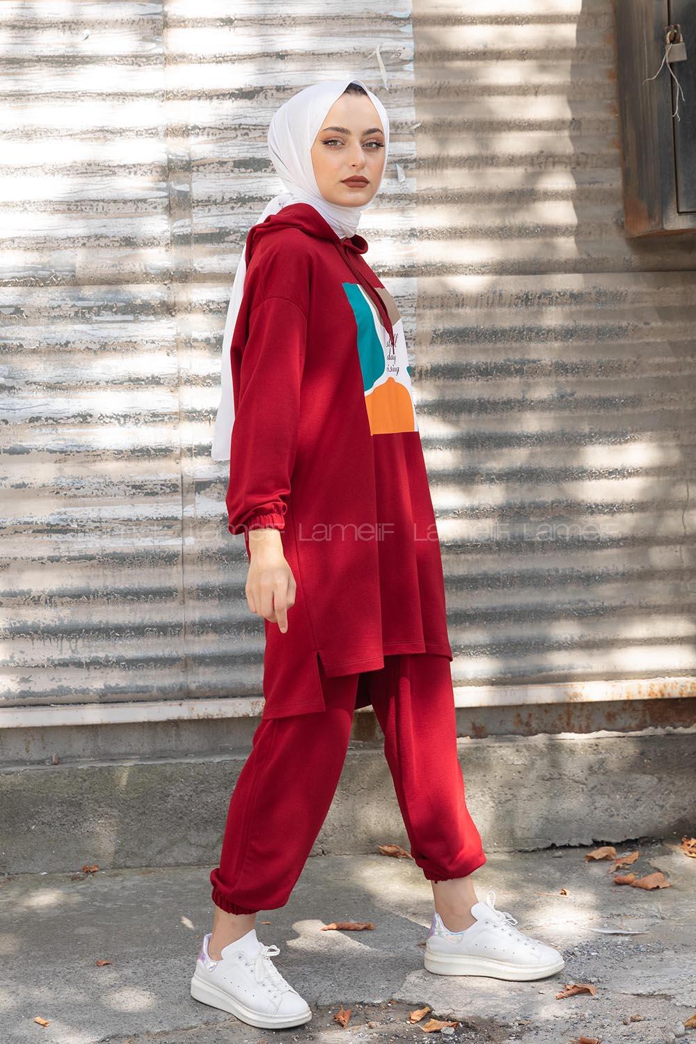 Modalamelif Önü Baskılı İkili Takım Bordo