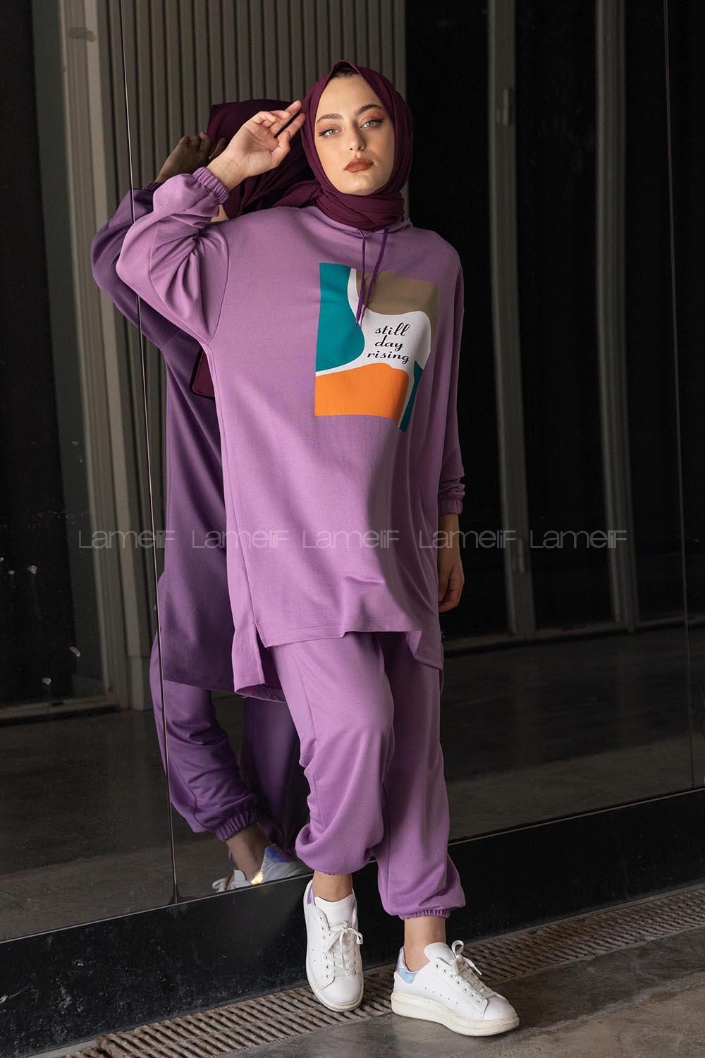 Modalamelif Önü Baskılı İkili Takım Lila