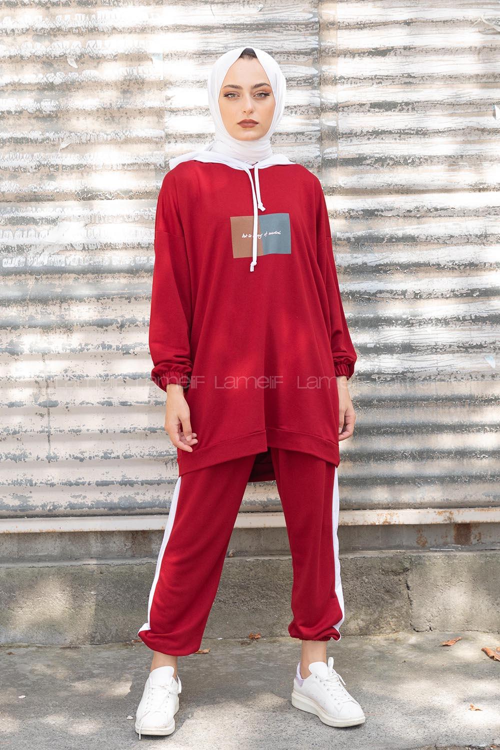 Modalamelif Önü Yazı Baskılı Garnili İkili Takım Bordo