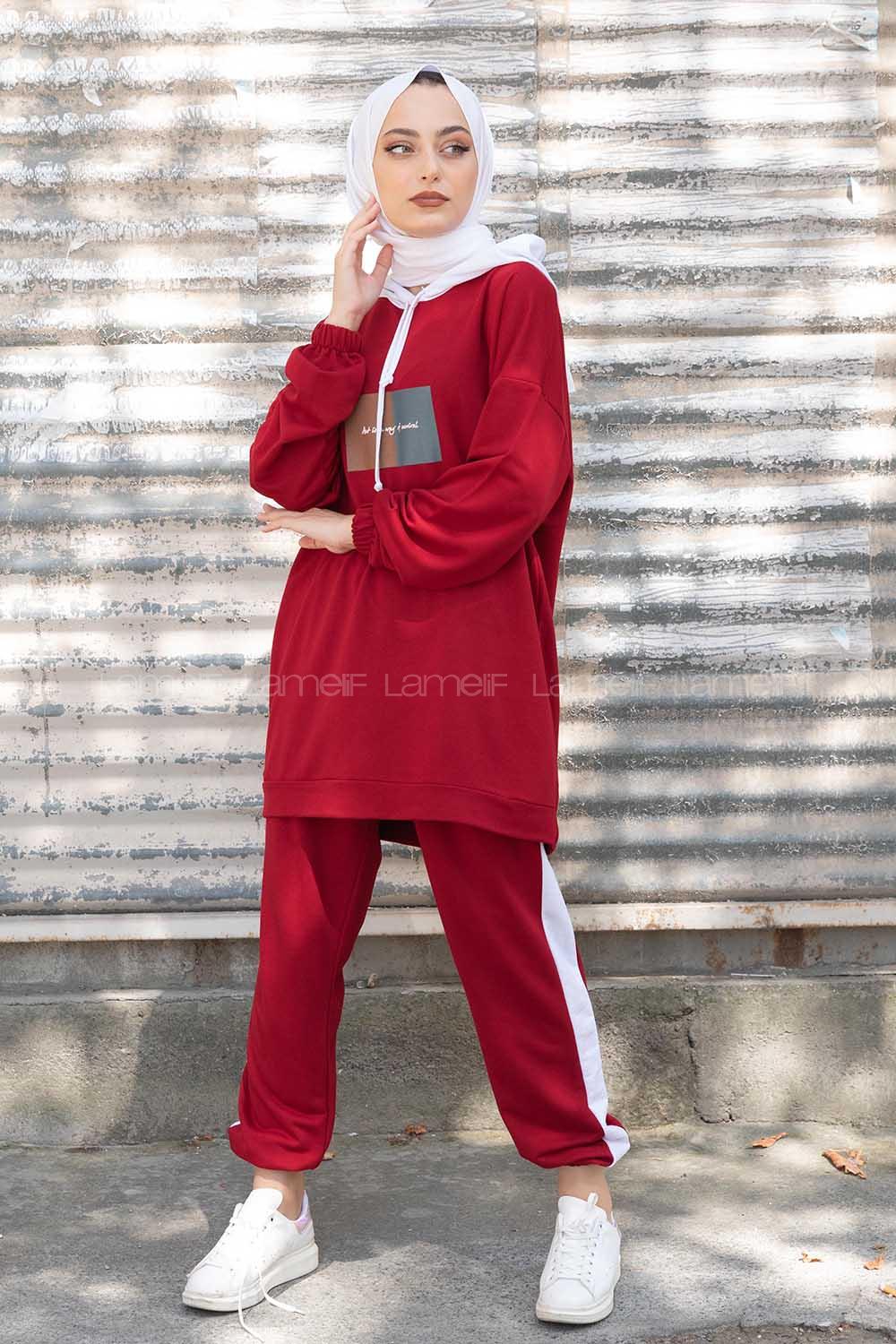 Modalamelif Önü Yazı Baskılı Garnili İkili Takım Bordo