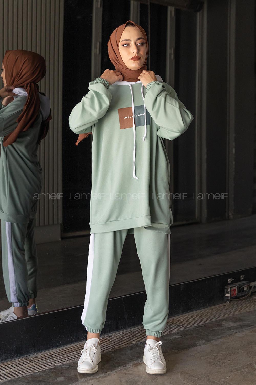 Modalamelif Önü Yazı Baskılı Garnili İkili Takım Çağla