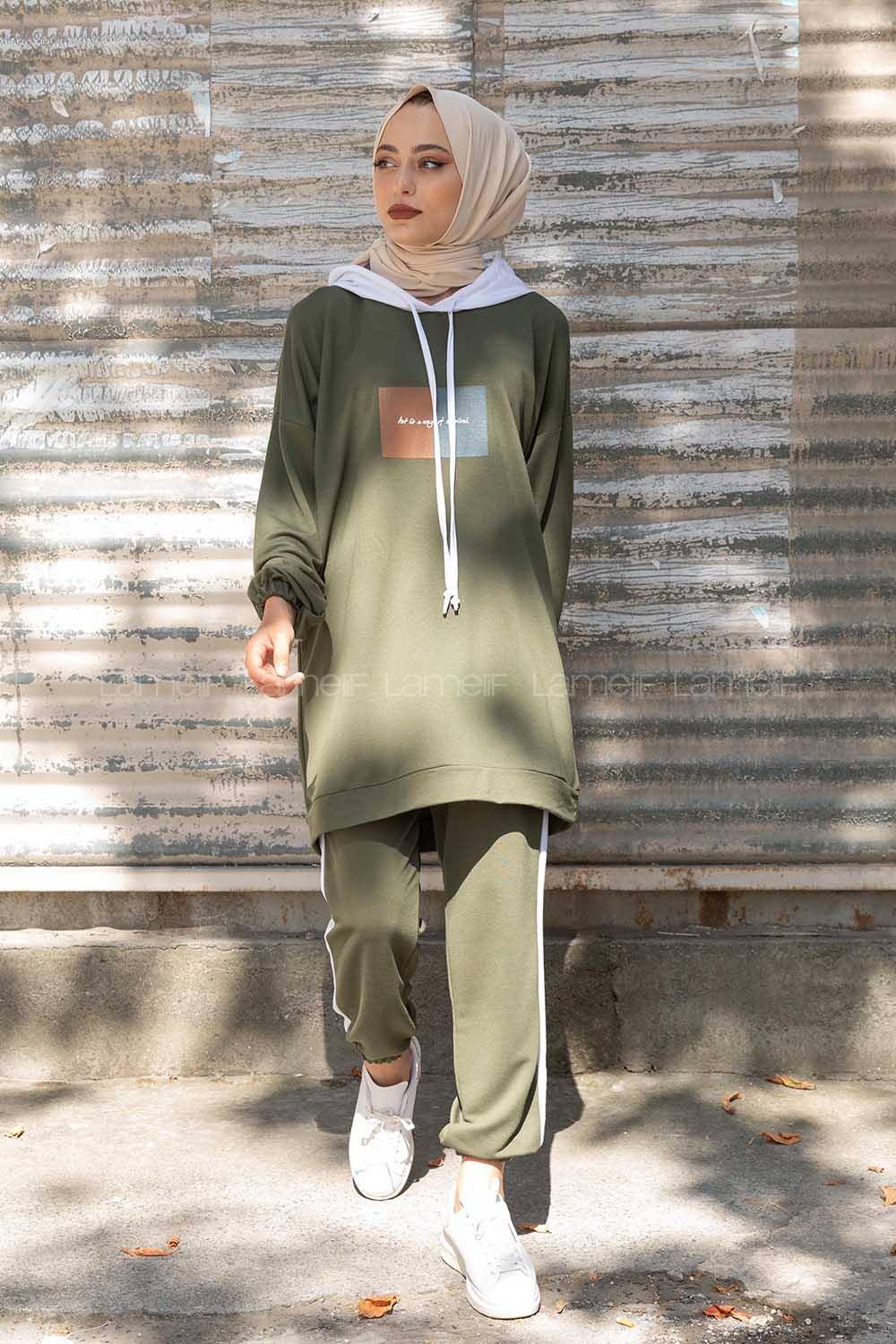 Modalamelif Önü Yazı Baskılı Garnili İkili Takım Haki