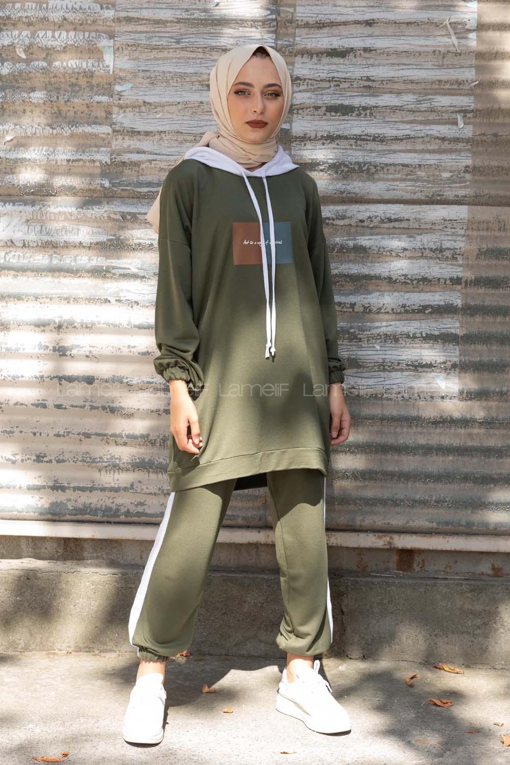 Modalamelif Önü Yazı Baskılı Garnili İkili Takım Haki