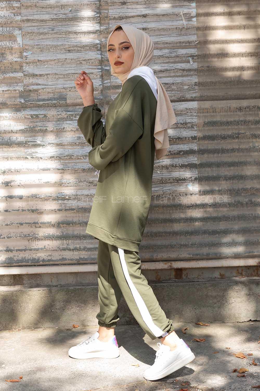 Modalamelif Önü Yazı Baskılı Garnili İkili Takım Haki