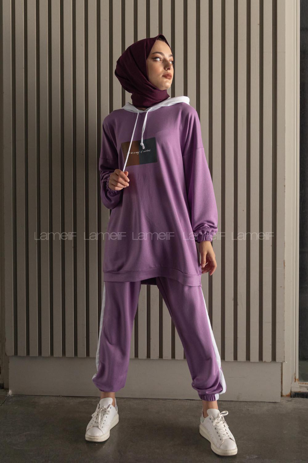 Modalamelif Önü Yazı Baskılı Garnili İkili Takım Lila
