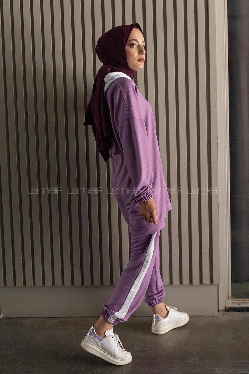 Modalamelif Önü Yazı Baskılı Garnili İkili Takım Lila