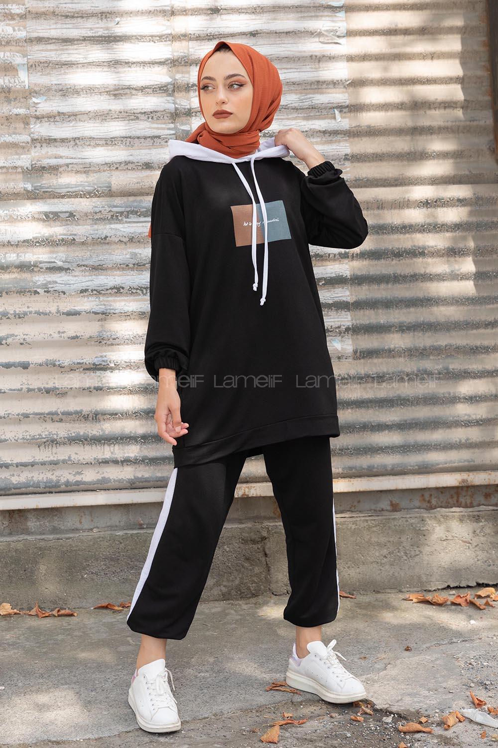 Modalamelif Önü Yazı Baskılı Garnili İkili Takım Siyah