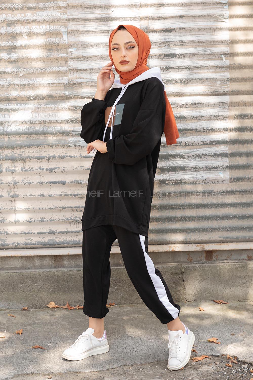 Modalamelif Önü Yazı Baskılı Garnili İkili Takım Siyah