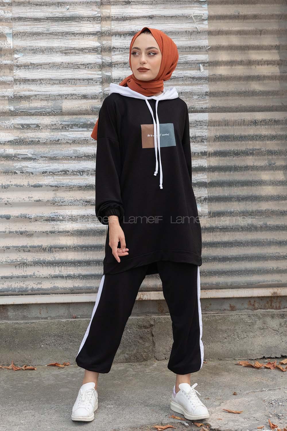 Modalamelif Önü Yazı Baskılı Garnili İkili Takım Siyah