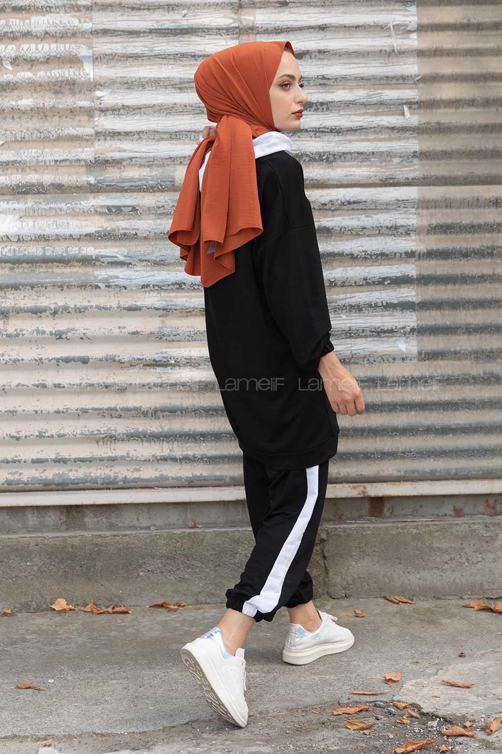 Modalamelif Önü Yazı Baskılı Garnili İkili Takım Siyah