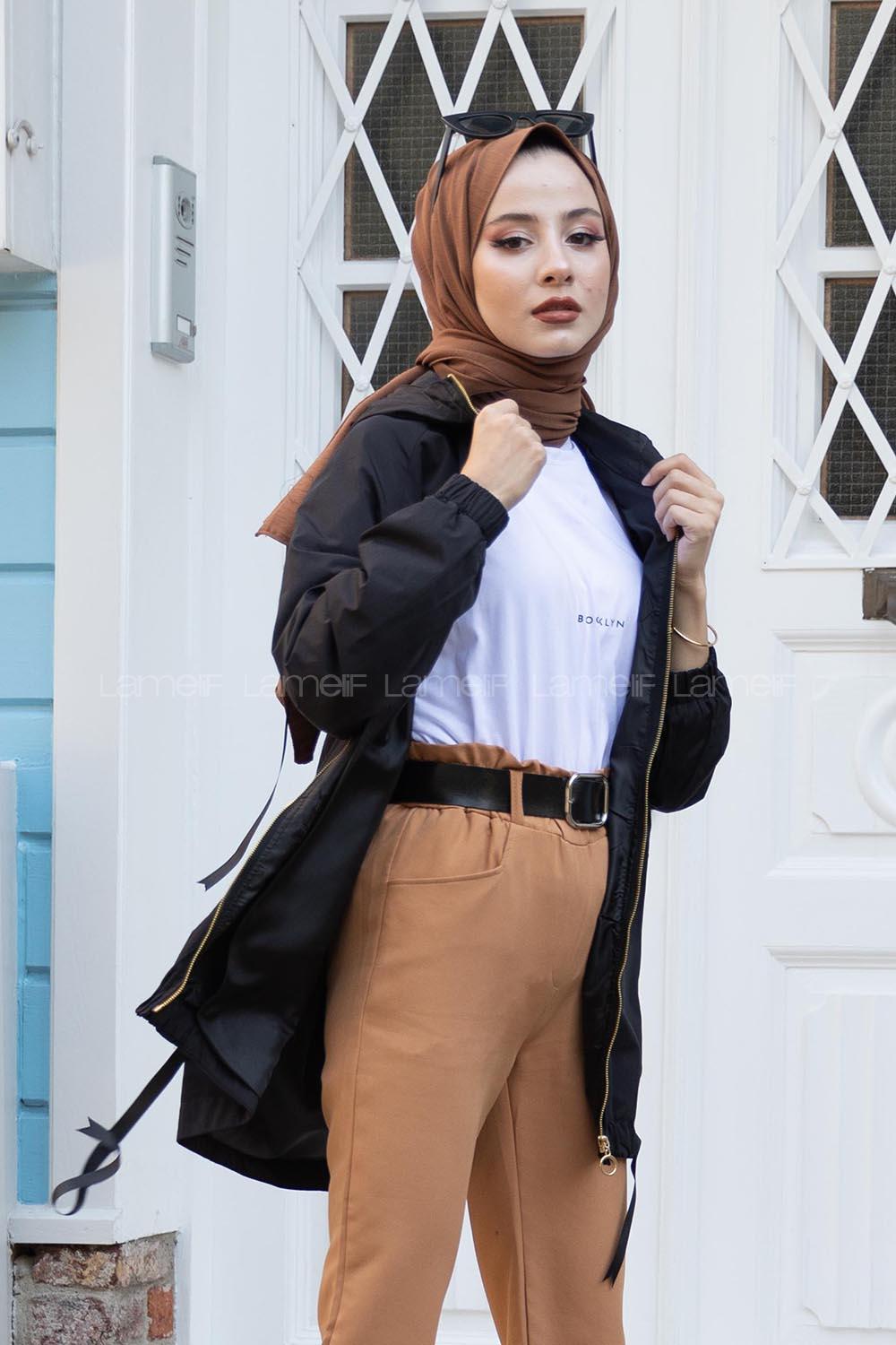 Modalamelif Eteği Lastikli Kapşonlu Yağmurluk Siyah