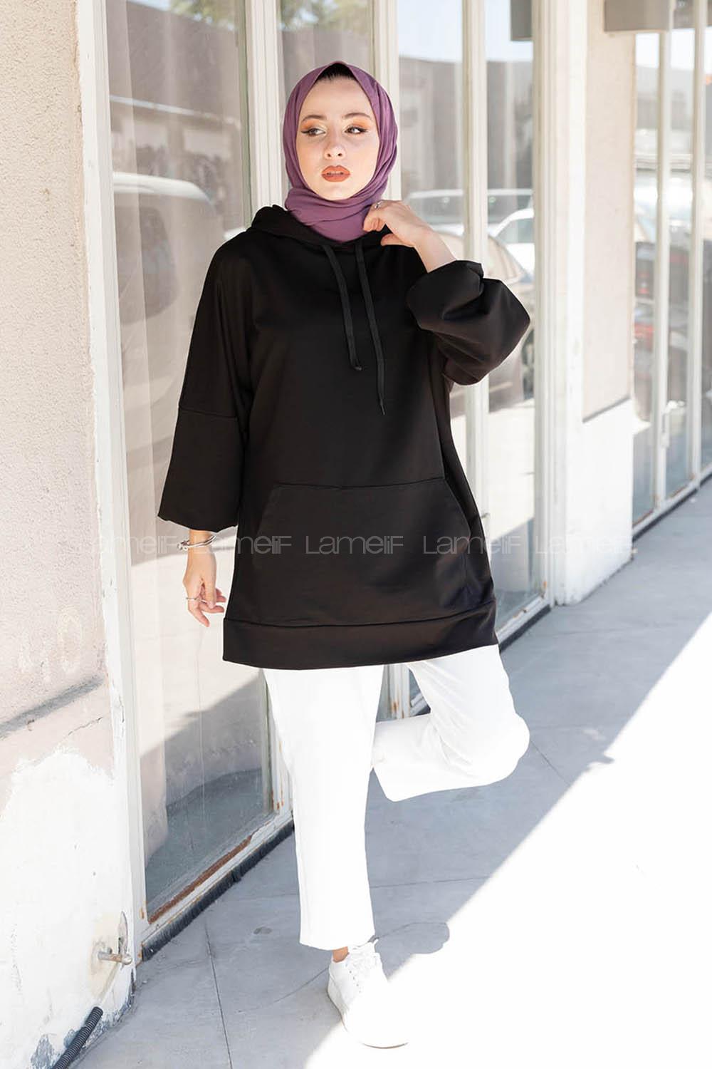 Modalamelif  Kanguru Cepli Kapşonlu Sweatshirt Siyah