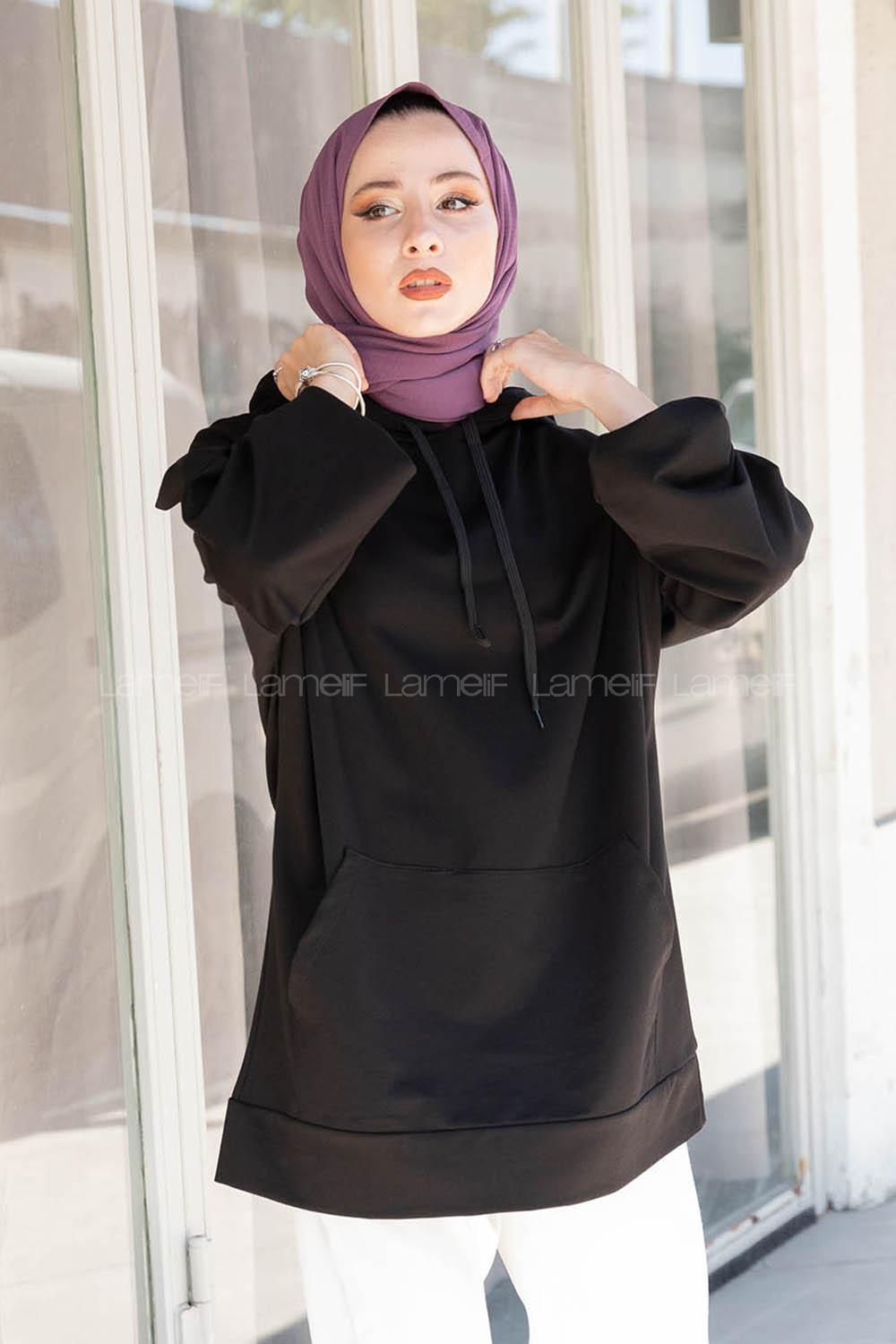 Modalamelif  Kanguru Cepli Kapşonlu Sweatshirt Siyah