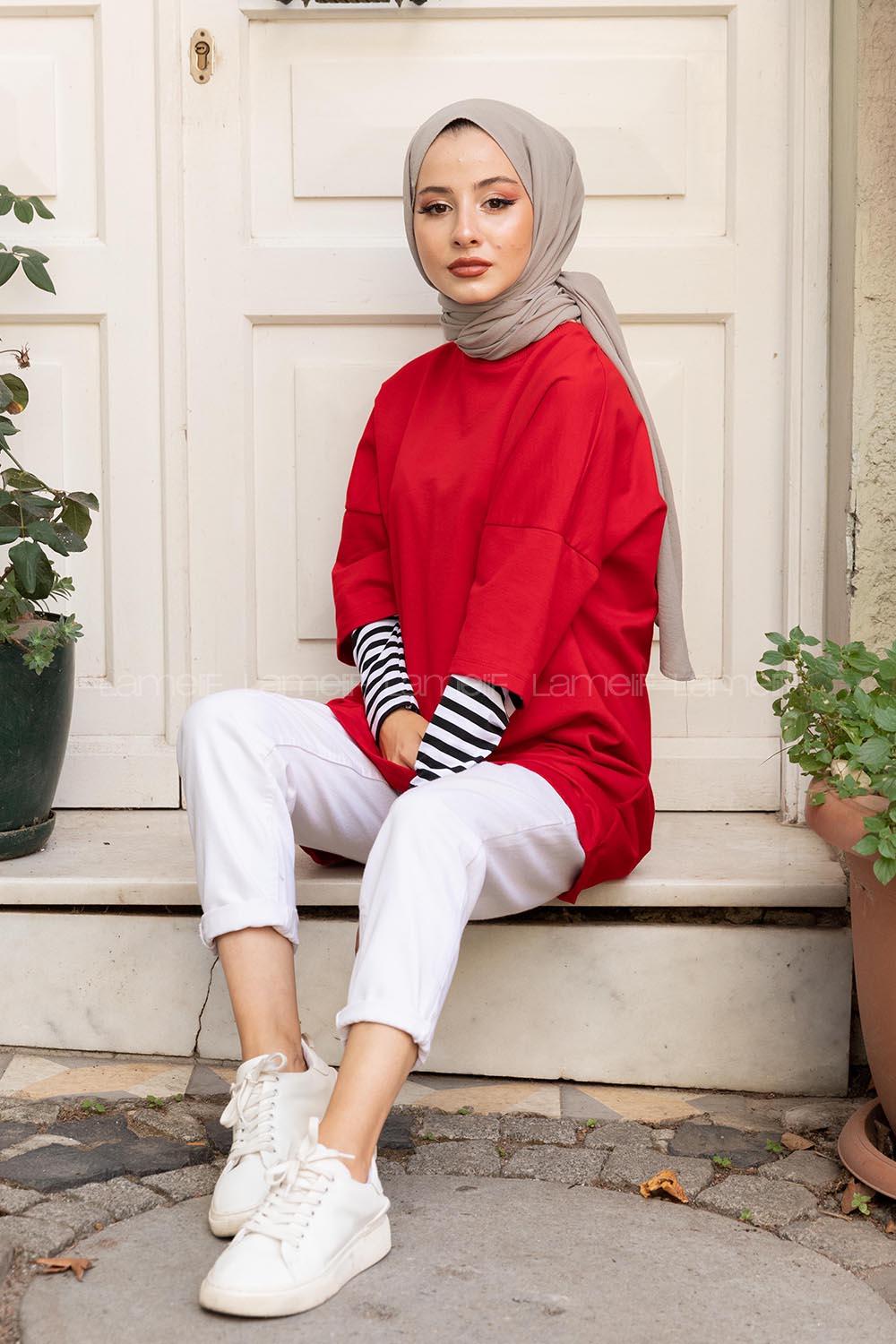 Modalamelif Kol Çizgili Sweatshirt Kırmızı