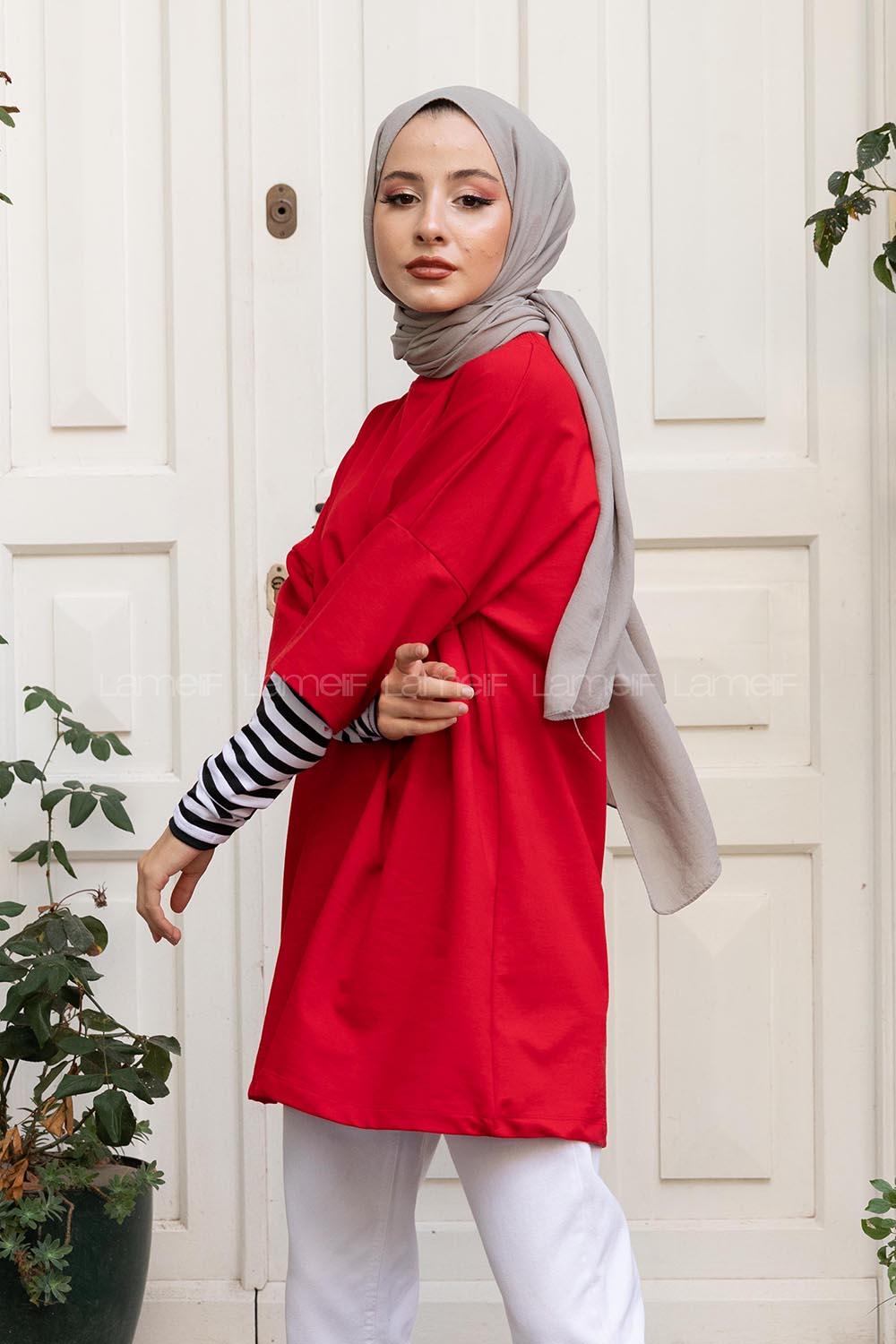 Modalamelif Kol Çizgili Sweatshirt Kırmızı