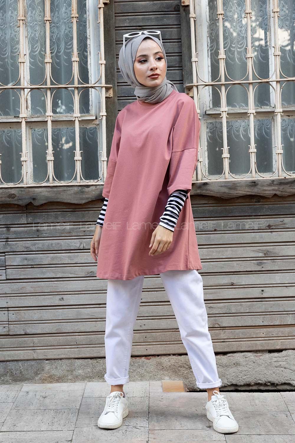 Modalamelif Kol Çizgili Sweatshirt Pudra