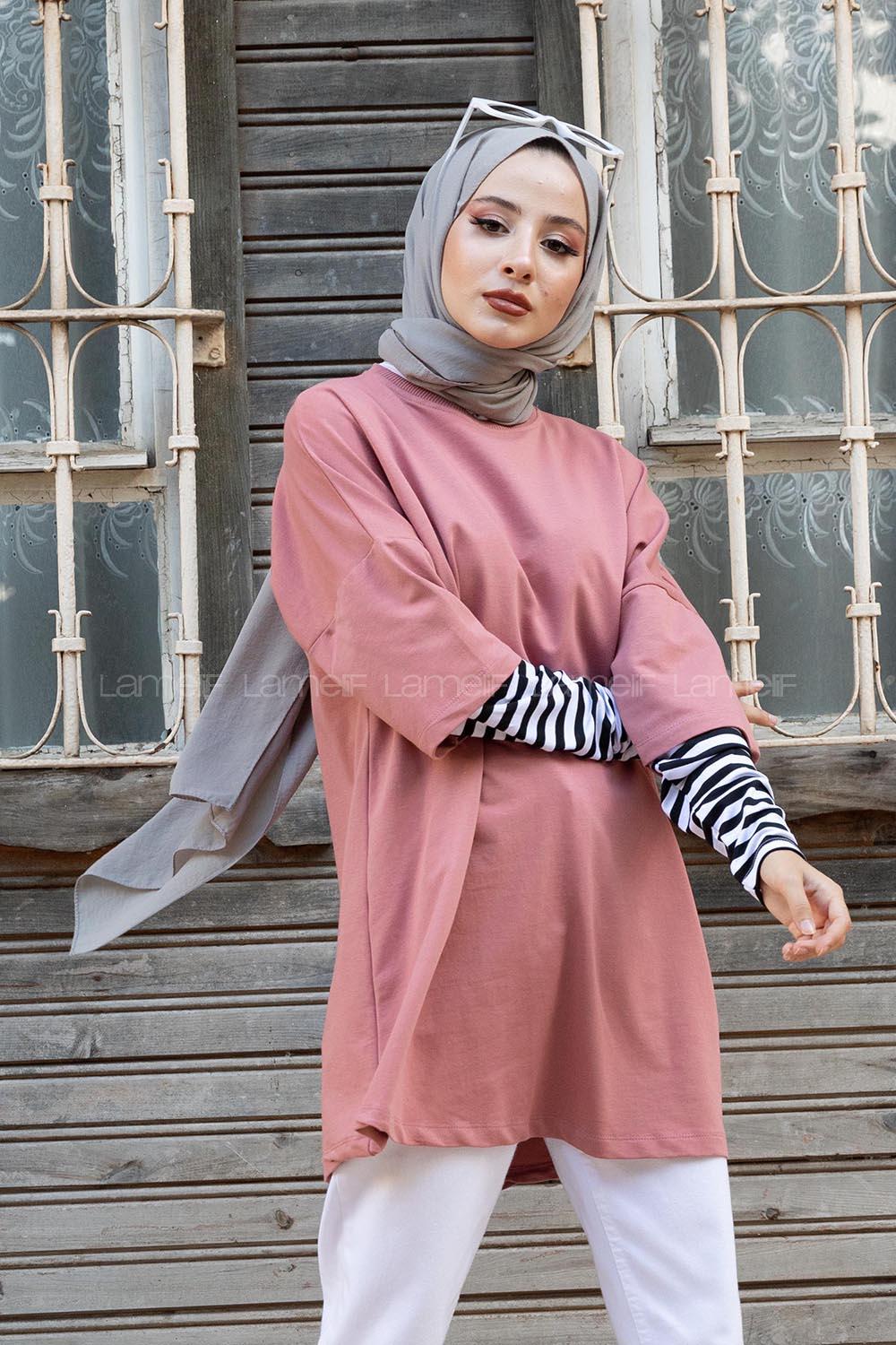 Modalamelif Kol Çizgili Sweatshirt Pudra