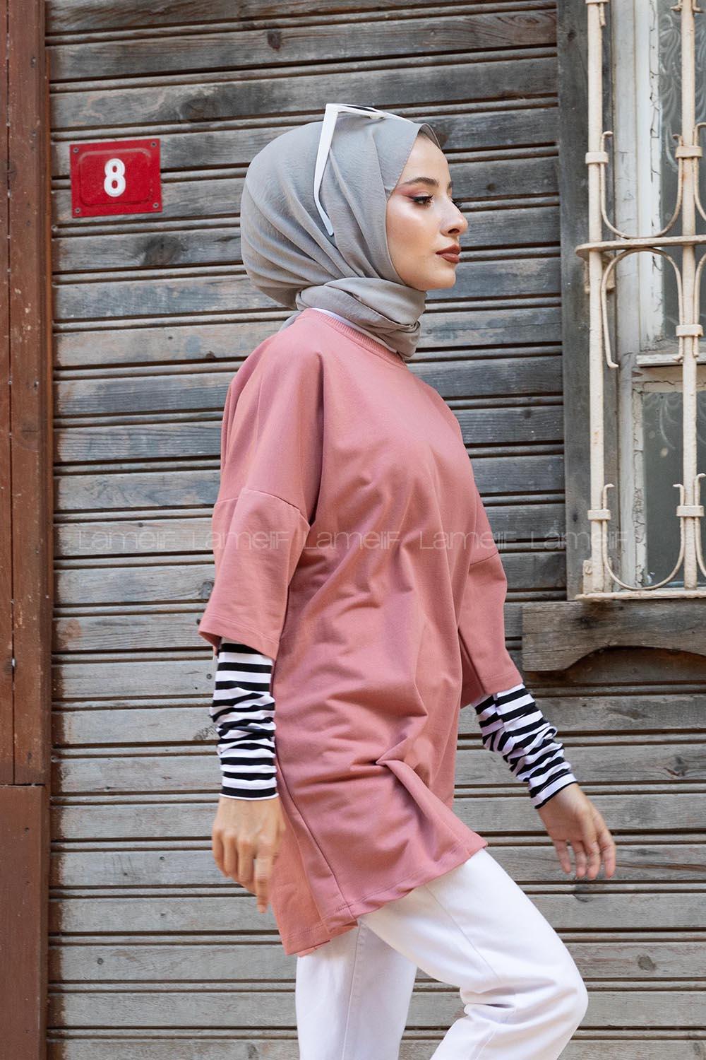 Modalamelif Kol Çizgili Sweatshirt Pudra