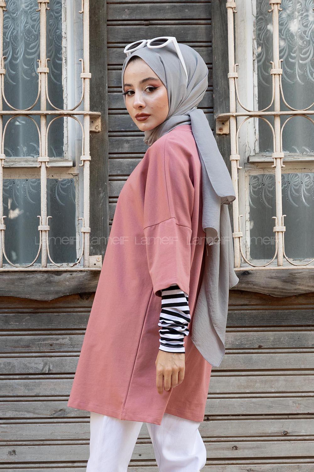 Modalamelif Kol Çizgili Sweatshirt Pudra